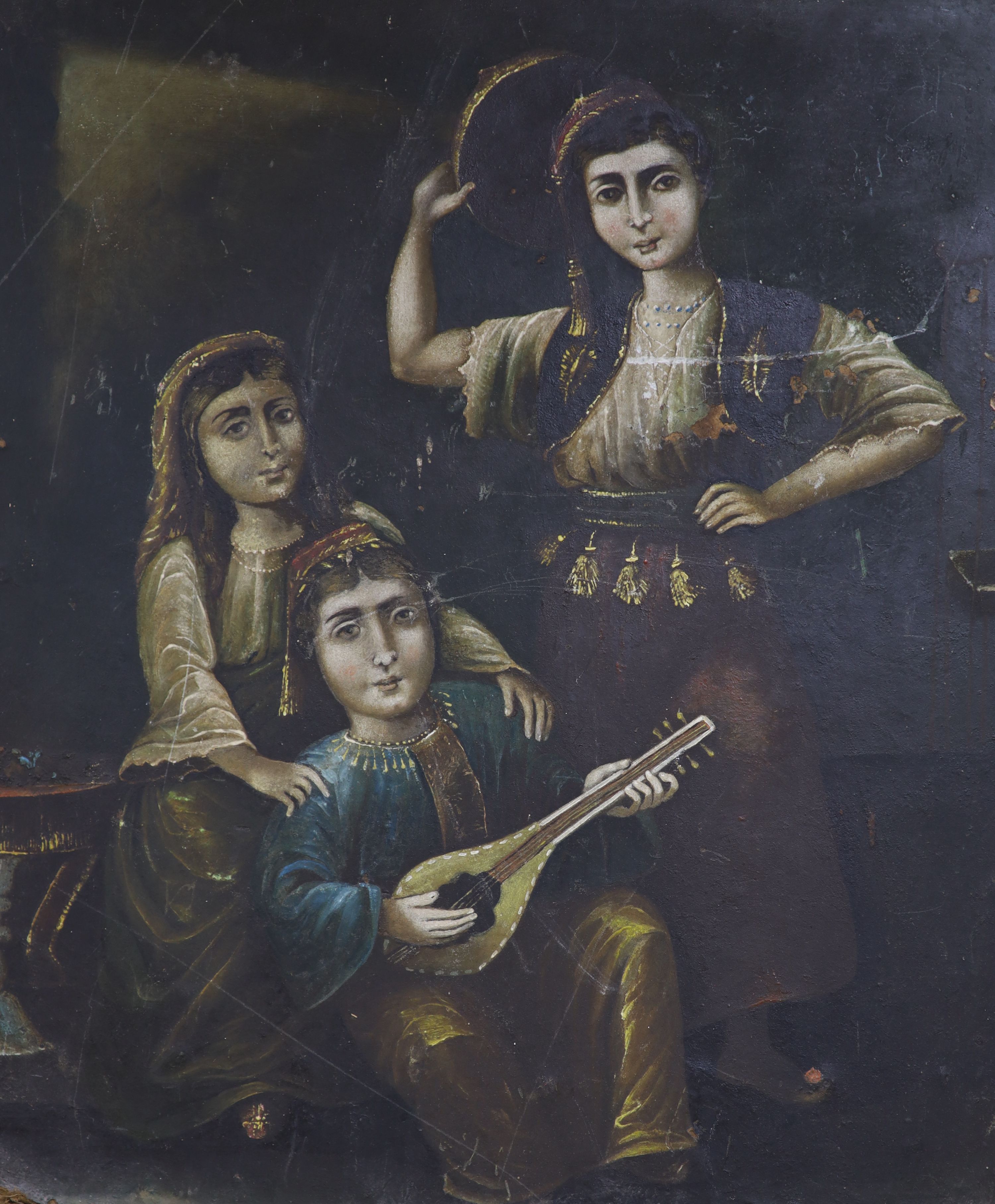 Eastern European School, oil on board, Three musicians, 45 x 41cm, unframed